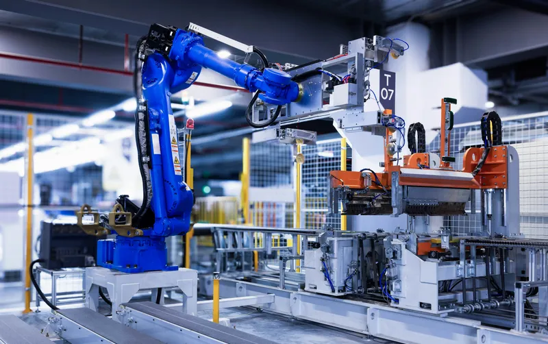 Industrial robot arm handling components in a modern production facility