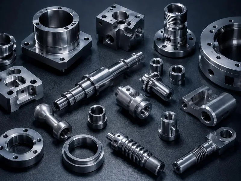 Polished precision machined steel components arranged on a dark surface