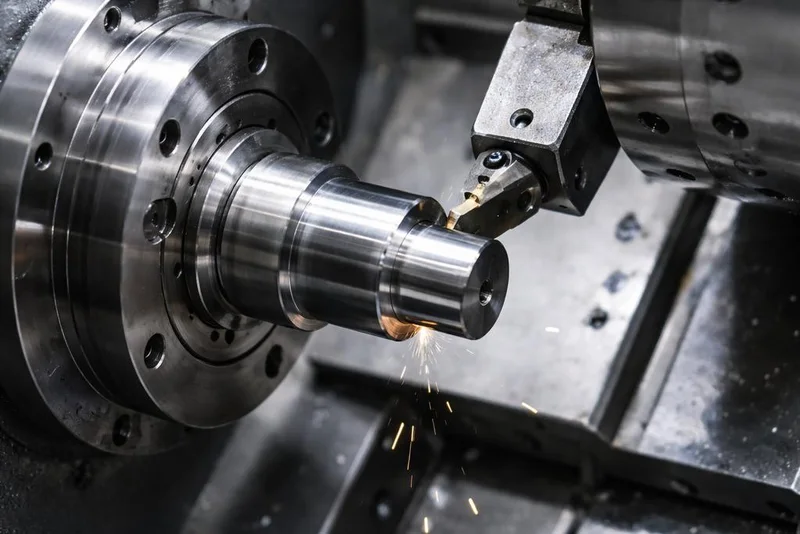 CNC turning centre cutting a stepped steel shaft